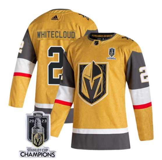 Mens Vegas Golden Knights #2 Zach Whitecloud Gold 2023 Stanley Cup Champions Stitched Jersey